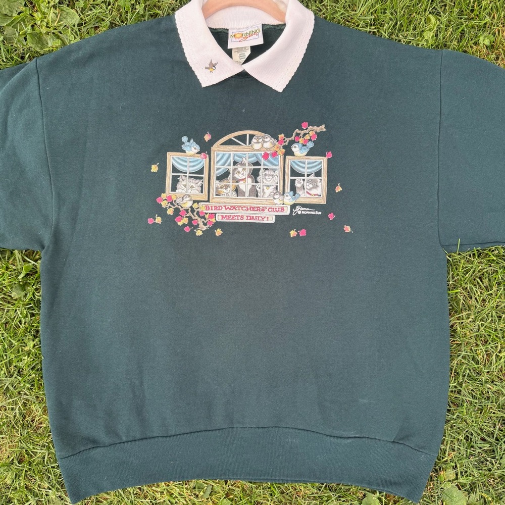 Morning Sun Sweatshirt Large Green Bird Watchers Club Cat Graphic Double Collar